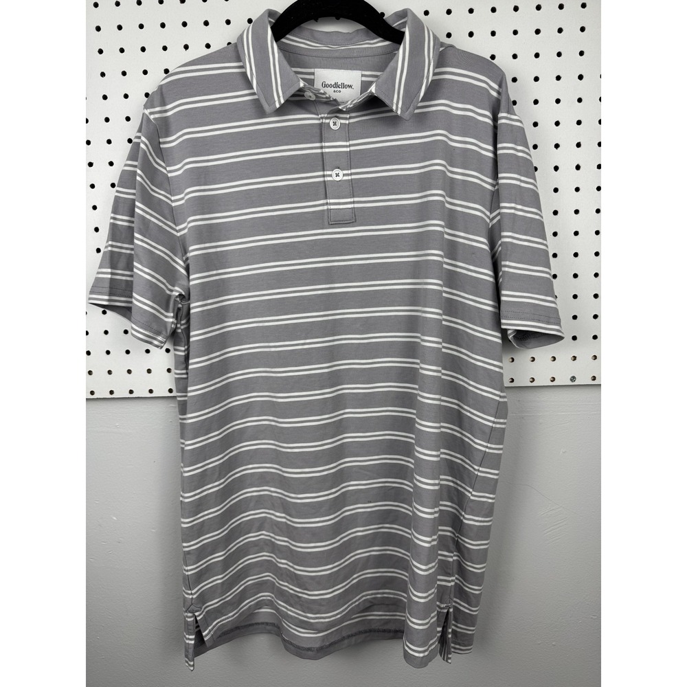 Goodfellow & Co Mens Game Day Polo Shirt Grey‎ White Striped Short Sleeve Size M